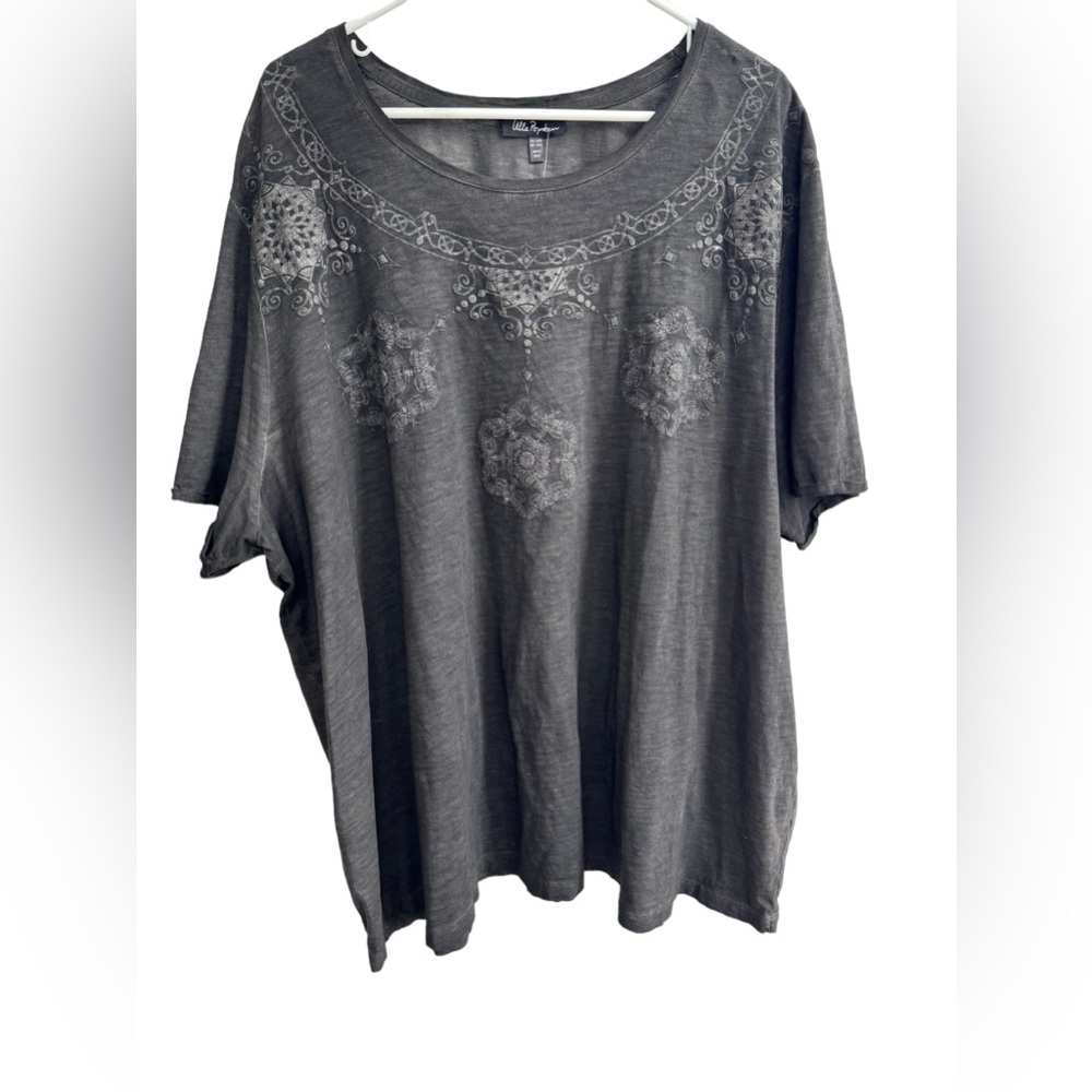 Ulla Popken Black‎ T shirt Top Plus Size 24 26 Textured Print Vintage Look